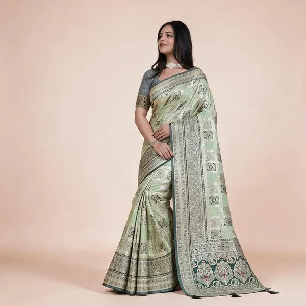 Pastel_Green_Dark_Green_Banarasi_Silk_Saree_With_Silver_Zari_Wedding_Festive_Wear_Elegant_Designer_Banarasi_Saree