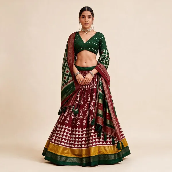 Dark_Green_Dola_Silk_Lehenga_Choli_With_Maroon_Blouse_Patola_Print_Foil_Work_Wedding_Festive_Wear