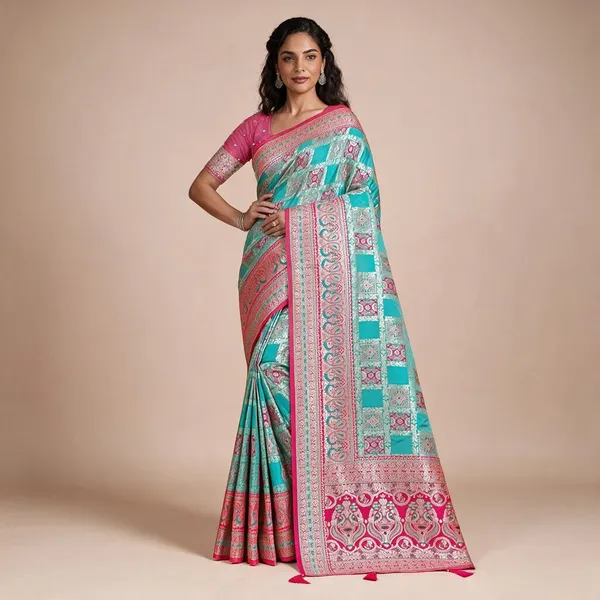Aqua_Blue_Pink_Banarasi_Silk_Saree_With_Silver_Zari_Festive_Wedding_Wear_Saree_Elegant_Banarasi_Saree_With_Contrast_Pallu