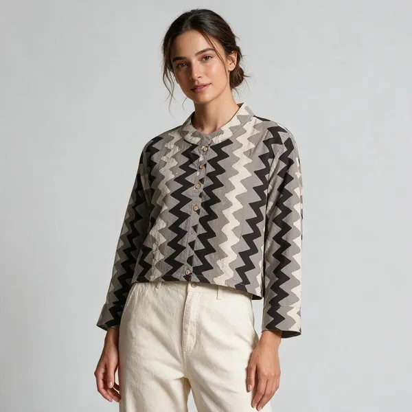Handmade_Cotton_Shirt_For_Women_Black_Grey_Zigzag_Print_Button_Down_Top_With_Full_Sleeves