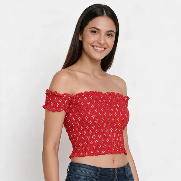 Women_S_Rayon_Printed_Off_Shoulder_Smocked_Crop_Top_Short_Sleeve_Casual_Styles_Tank_Top_Free_Size_Multi9