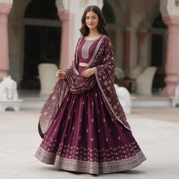 Wine_Designer_Chinon_Sequins_Embroidered_Gown_With_Kalamkari_Silk_Dupatta
