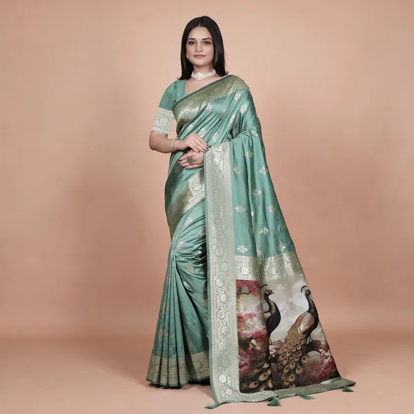Elegant_Sea_Green_Silk_Saree_With_Golden_Zari_Peacock_Motif_Pallu_Wedding_Festive_Traditional_Wear