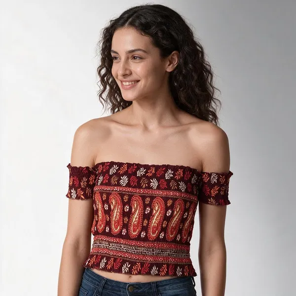 Women_S_Rayon_Printed_Off_Shoulder_Smocked_Crop_Top_Short_Sleeve_Casual_Styles_Tank_Top_Free_Size_Multi2