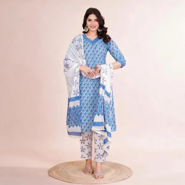 Women_S_Blue_Cotton_Printed_Straight_Kurti_With_Pant_Dupatta_Set