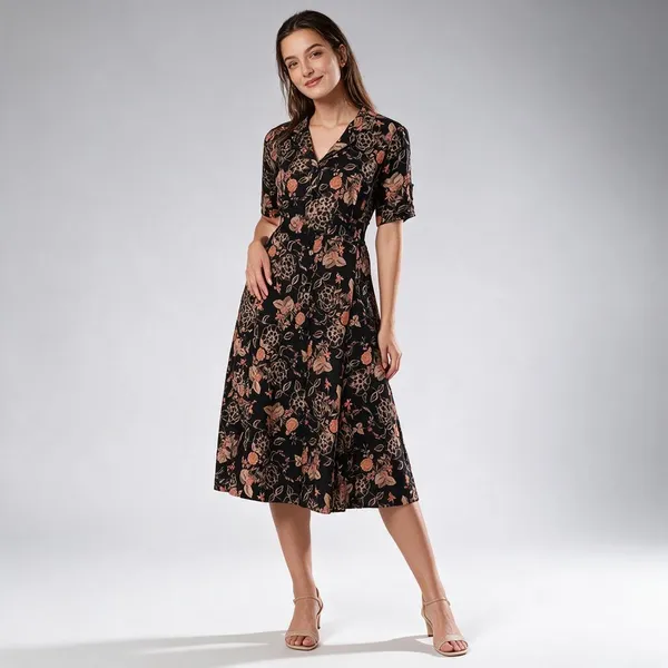 Women_S_Chic_Black_Rust_Floral_Print_Button_Front_Midi_Dress