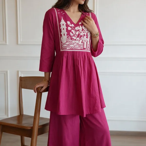 Women_S_Cotton_Embroidered_Short_Anarkali_Kurti_With_Pant