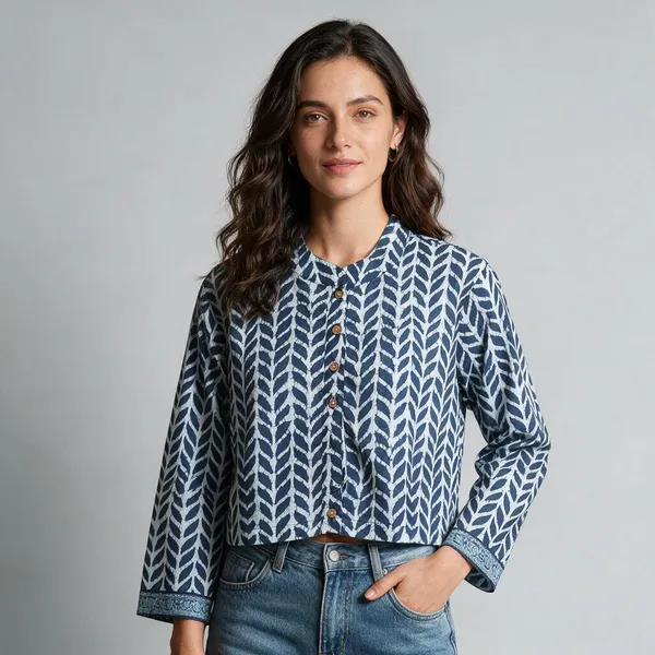 Hand_Block_Printed_Cotton_Shirt_For_Women_Indigo_Blue_Leaf_Print_Button_Down_Top_With_Long_Sleeves