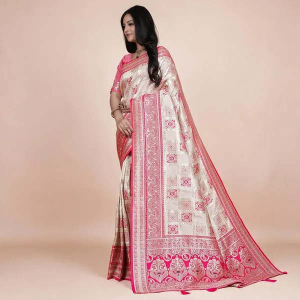 Cream_Pink_Banarasi_Silk_Saree_With_Silver_Zari_Wedding_Party_Traditional_Wear_Elegant_Banarasi_Saree_With_Contrast_Pallu