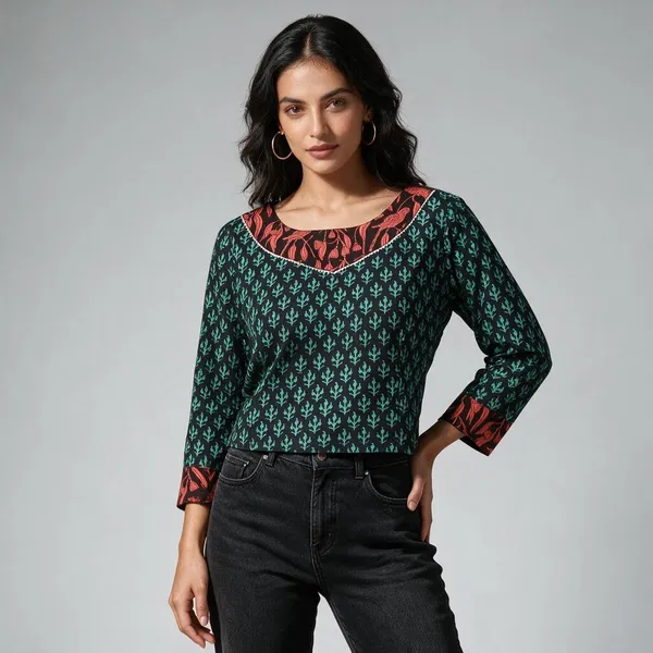Handmade_Block_Print_Cotton_For_Women_Ethnic_Floral_Printed_Top_With_Long_Sleeves