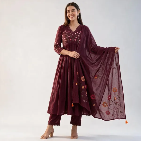Women_S_Cotton_Embroidered_Long_Anarkali_Kurti_With_Pant_And_Dupatta_Set