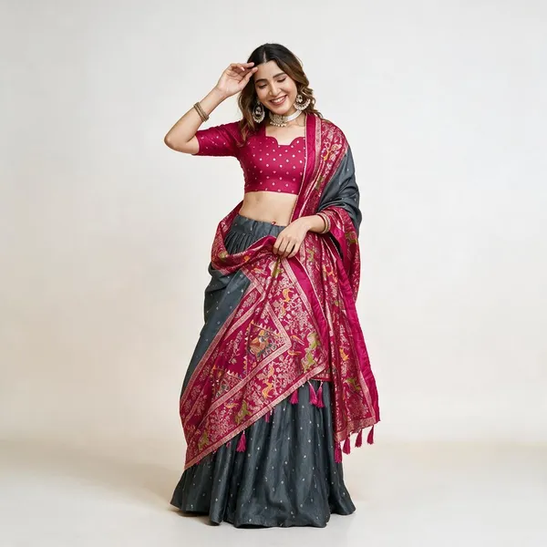 Bottle_Green_Dola_Silk_Lehenga_Choli_With_Maroon_Blouse_Bandhej_Ajarakh_Print_Wedding_Festive_Wear
