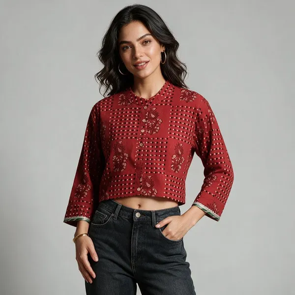 Hand_Block_Print_Cotton_Shirt_For_Women_Red_Floral_Printed_Button_Down_Top_With_Full_Sleeves