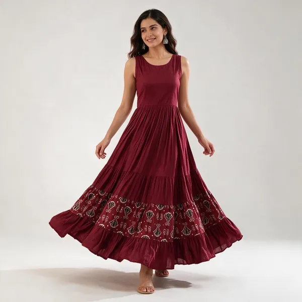 Maroon_Designer_Heavy_Reyon_Gown_With_Printed_Frill_Fancy_V_Neck