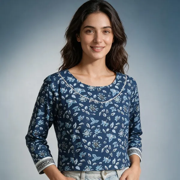 Handmade_Block_Print_Cotton_For_Women_Ethnic_Floral_Printed_Top_With_Long_Sleeves