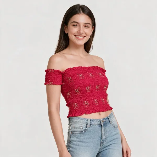 Women_S_Rayon_Printed_Off_Shoulder_Smocked_Crop_Top_Short_Sleeve_Casual_Styles_Tank_Top_Free_Size_Multi14