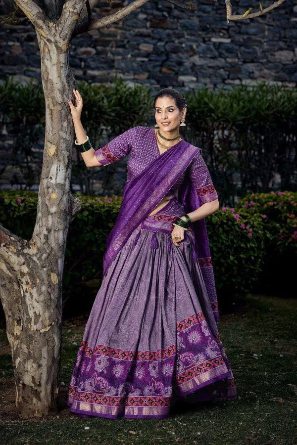 Purple_Tussar_Silk_Lehenga_Choli_With_Purple_Blouse_Floral_Foil_Print_Wedding_Festive_Wear