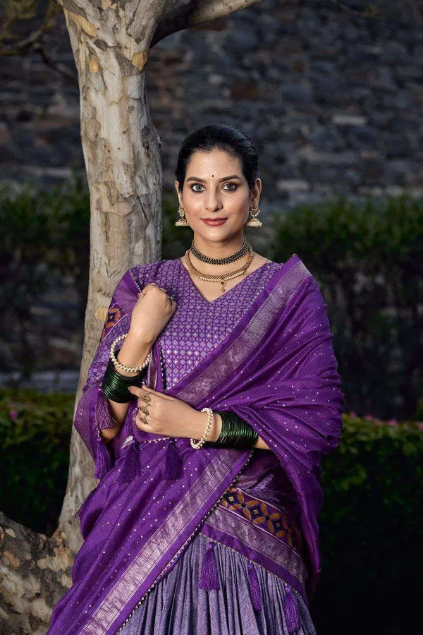 Purple_Tussar_Silk_Lehenga_Choli_With_Purple_Blouse_Floral_Foil_Print_Wedding_Festive_Wear