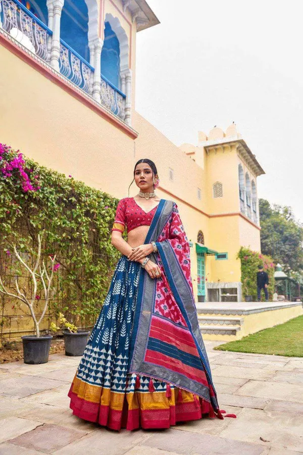 Royal_Blue_Dola_Silk_Lehenga_Choli_With_Red_Blouse_Patola_Print_Foil_Work_Wedding_Festive_Wear