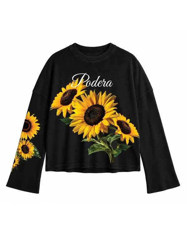 Black_Cotton_Oversized_Sunflower_Harmony_Waffle_Knit_Tee_For_Unisex
