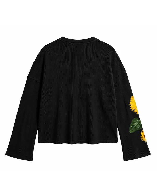 Black_Cotton_Oversized_Sunflower_Harmony_Waffle_Knit_Tee_For_Unisex