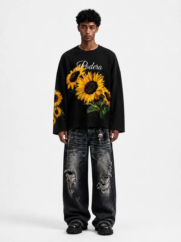 Black_Cotton_Oversized_Sunflower_Harmony_Waffle_Knit_Tee_For_Unisex