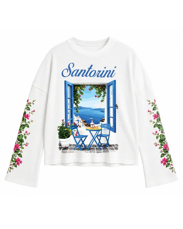 White_Cotton_Oversized_Waffle_Knit_Santorini_Bloom_Tee_For_Unisex