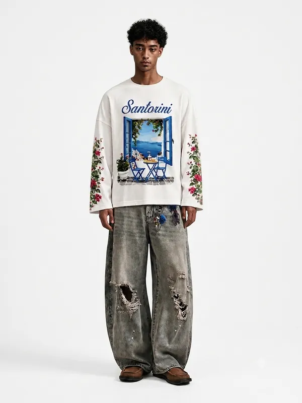 White_Cotton_Oversized_Waffle_Knit_Santorini_Bloom_Tee_For_Unisex