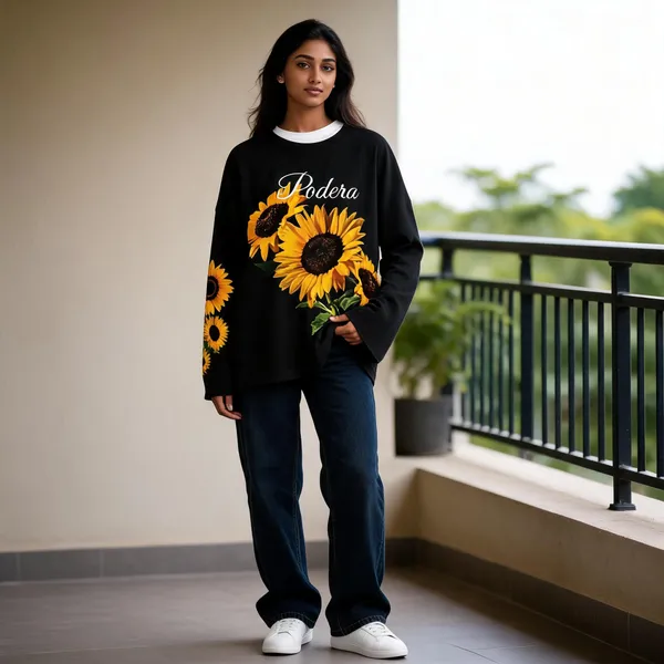 Black_Cotton_Oversized_Sunflower_Harmony_Waffle_Knit_Tee_For_Unisex