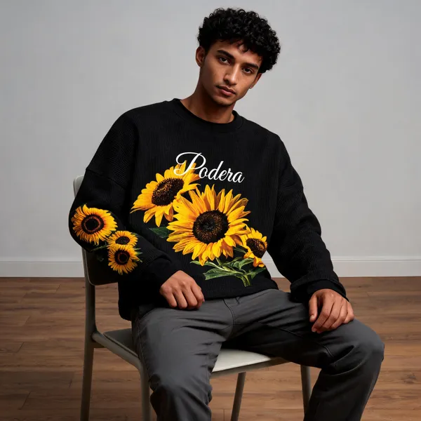 Black_Cotton_Oversized_Sunflower_Harmony_Waffle_Knit_Tee_For_Unisex