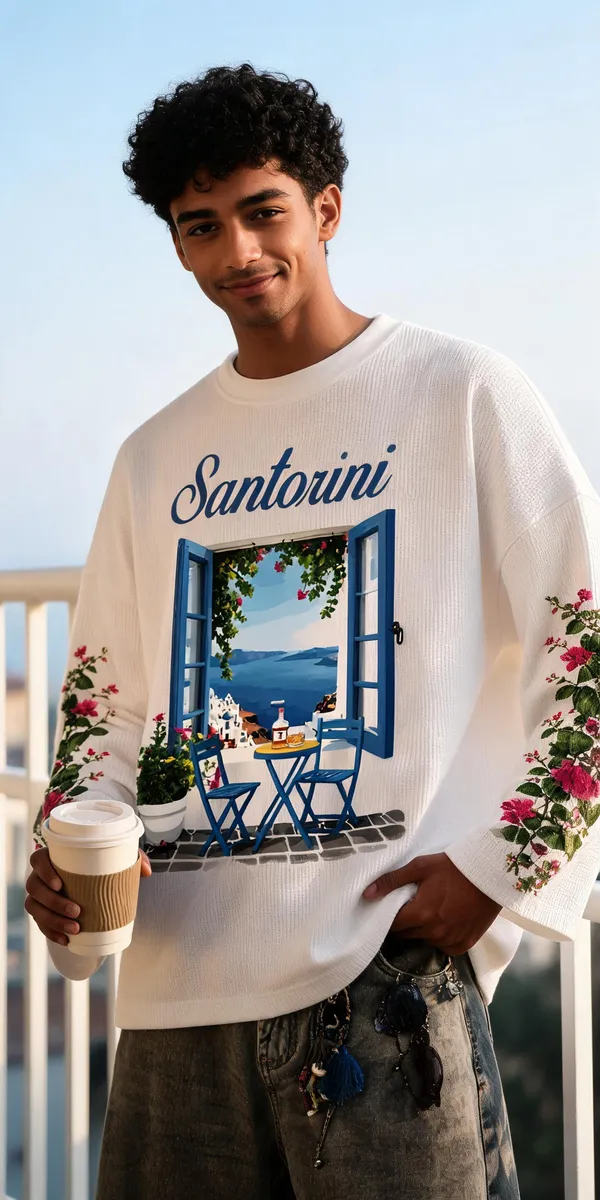 White_Cotton_Oversized_Waffle_Knit_Santorini_Bloom_Tee_For_Unisex