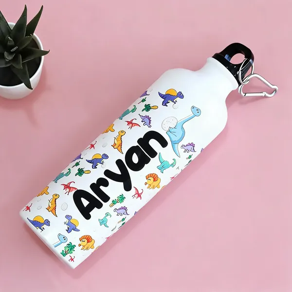 White_Metal_Dinosaur_Print_Personalised_Water_Bottle