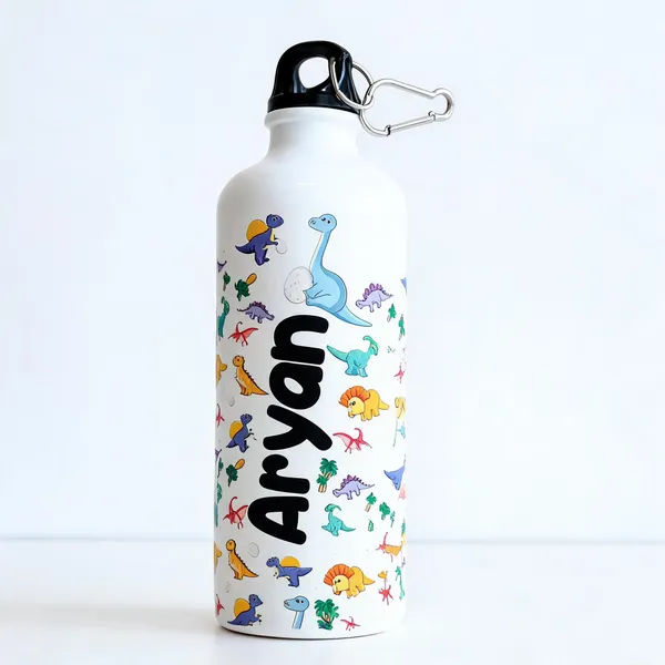 White_Metal_Dinosaur_Print_Personalised_Water_Bottle
