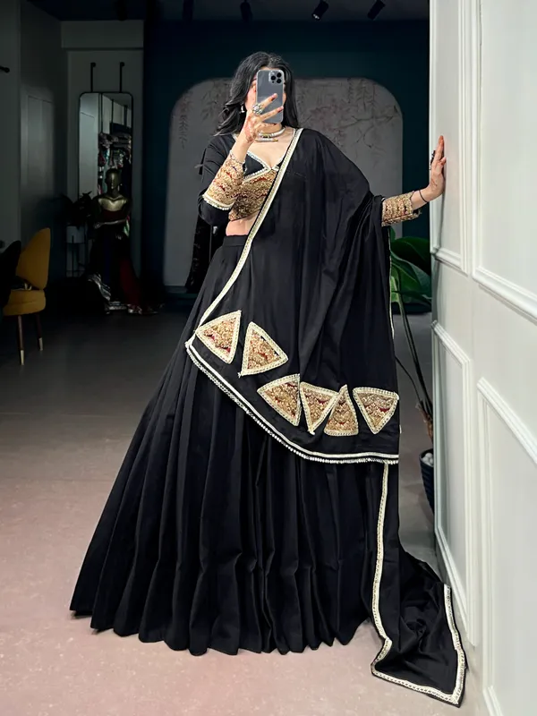 Black_Khadi_Cotton_Embellished_Flared_Lehenga_Choli_Set_For_Women