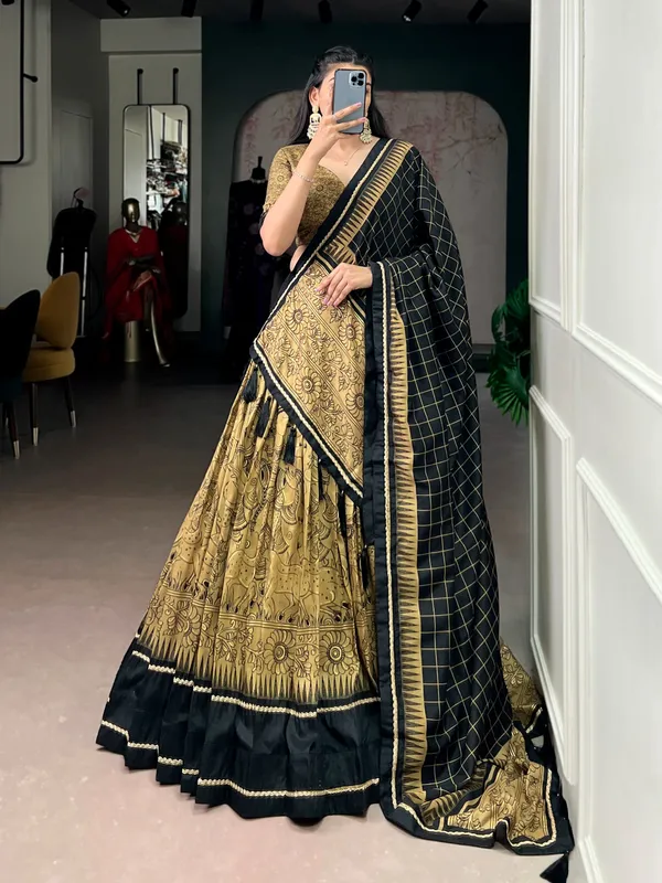 Gold_And_Black_Tasar_Silk_Kalamkari_Flared_Lehenga_Set_For_Women