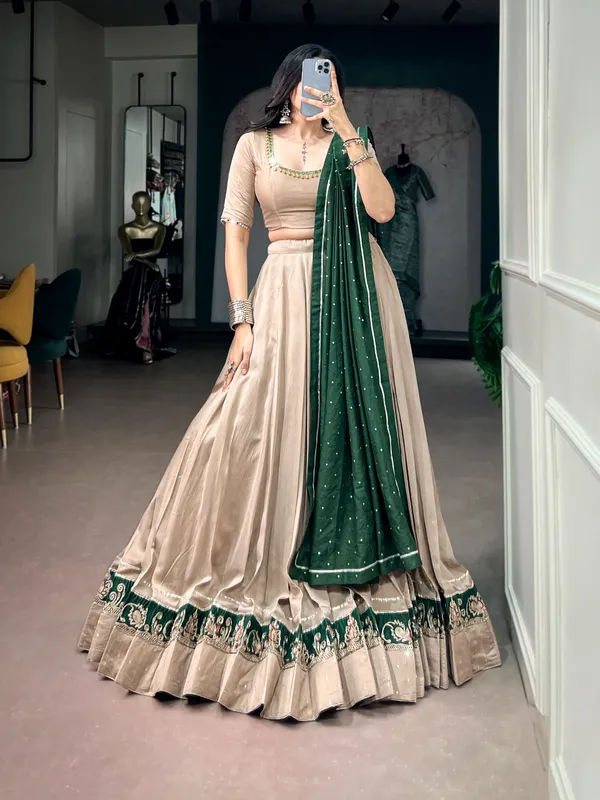 Beige_Chanderi_Silk_Flared_Lehenga_Choli_Set_With_Dupatta_For_Women