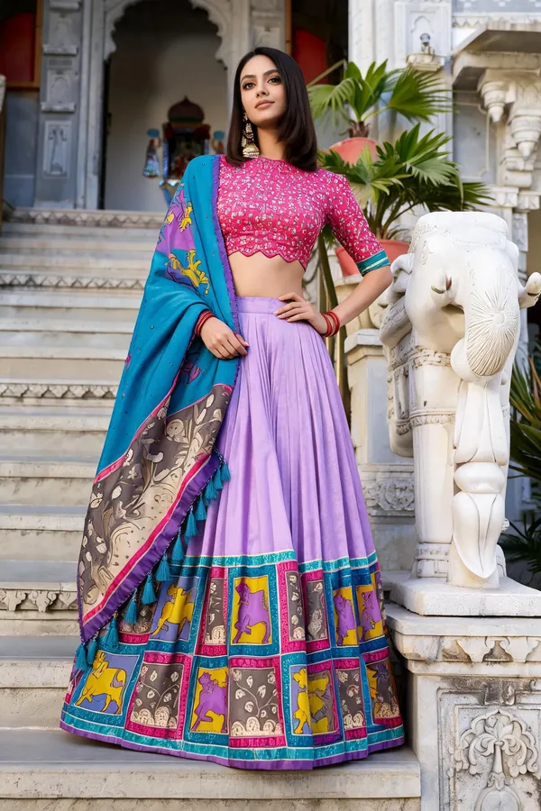 Multicolor_Tussar_Silk_Kalamkari_Flared_Lehenga_Set_For_Women