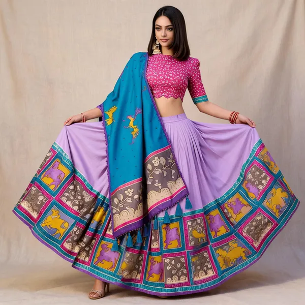 Multicolor_Tussar_Silk_Kalamkari_Flared_Lehenga_Set_For_Women