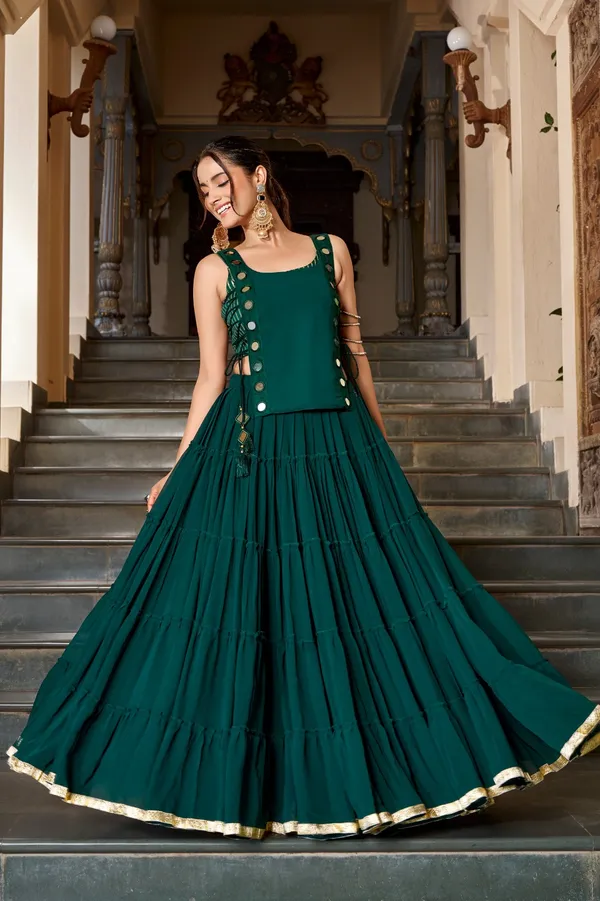 Bottle_Green_Featherlight_Sleeveless_Flared_Lehenga_Set_For_Women