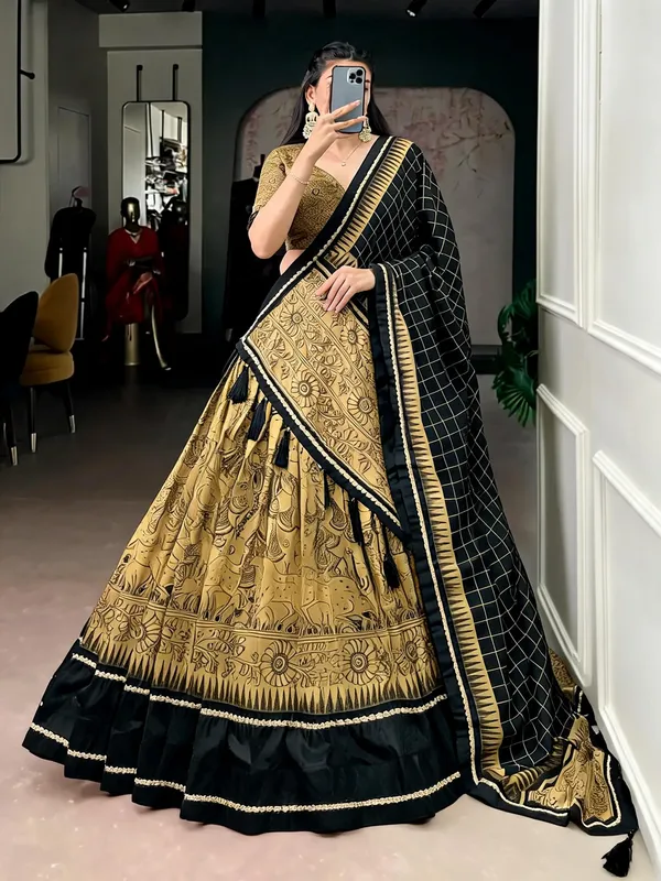 Gold_And_Black_Tasar_Silk_Kalamkari_Flared_Lehenga_Set_For_Women