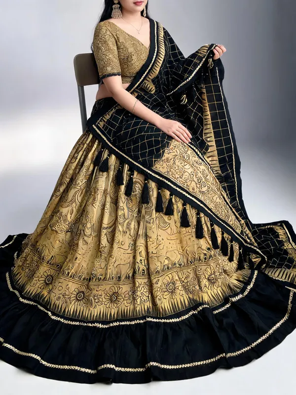 Gold_And_Black_Tasar_Silk_Kalamkari_Flared_Lehenga_Set_For_Women