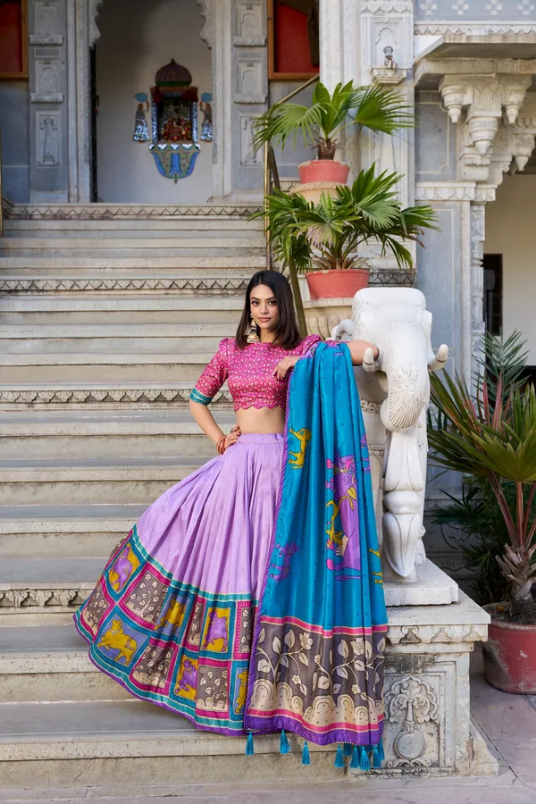 Multicolor_Tussar_Silk_Kalamkari_Flared_Lehenga_Set_For_Women