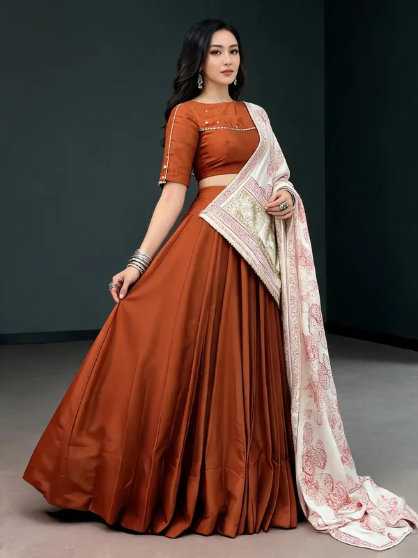Rust_Orange_Chinon_Flared_Lehenga_Choli_Set_For_Women