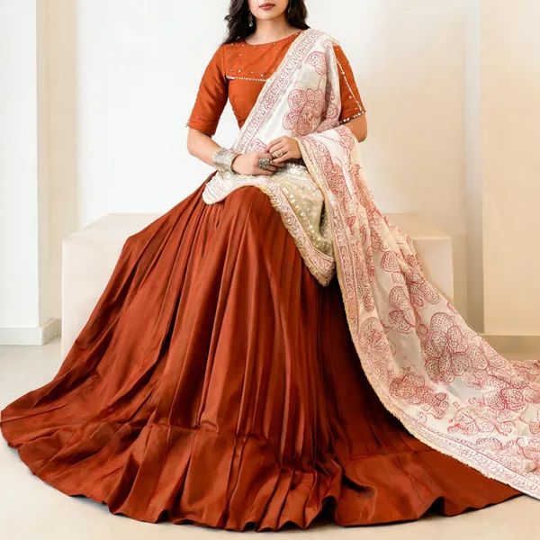 Rust_Orange_Chinon_Flared_Lehenga_Choli_Set_For_Women