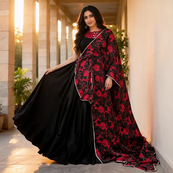Black_Red_Monga_Silk_Floral_Flared_Lehenga_Choli_Set_For_Women