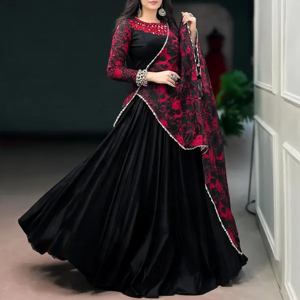 Black_Red_Monga_Silk_Floral_Flared_Lehenga_Choli_Set_For_Women