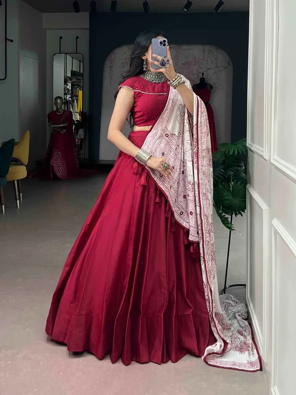 Maroon_Chinon_Flared_Lehenga_Choli_Set_For_Women