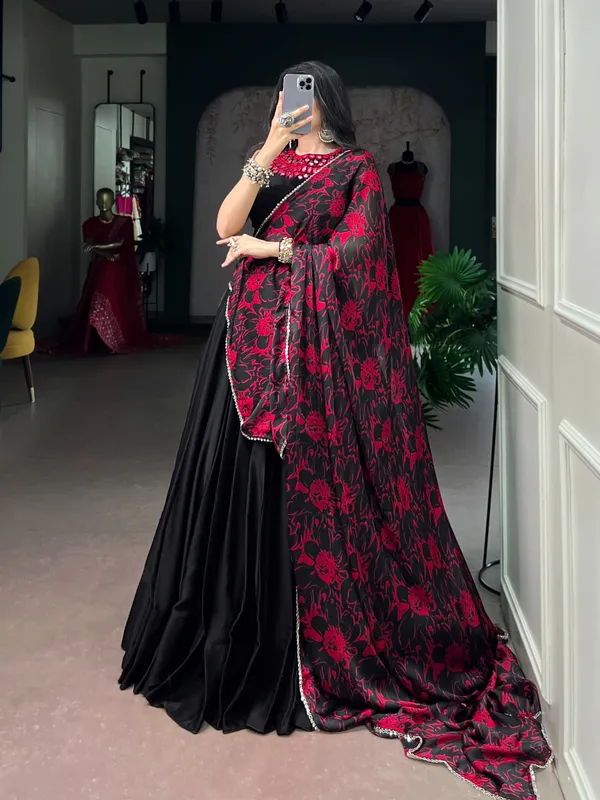 Black_Red_Monga_Silk_Floral_Flared_Lehenga_Choli_Set_For_Women
