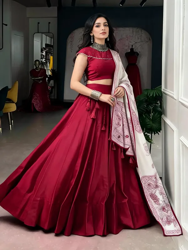 Maroon_Chinon_Flared_Lehenga_Choli_Set_For_Women