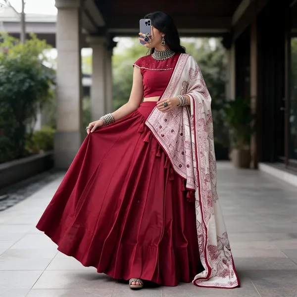 Maroon_Chinon_Flared_Lehenga_Choli_Set_For_Women